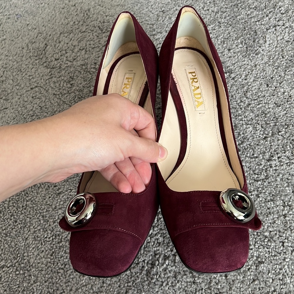 Prada Burgundy Suede Gold Button Heels - Picture 3 of 10